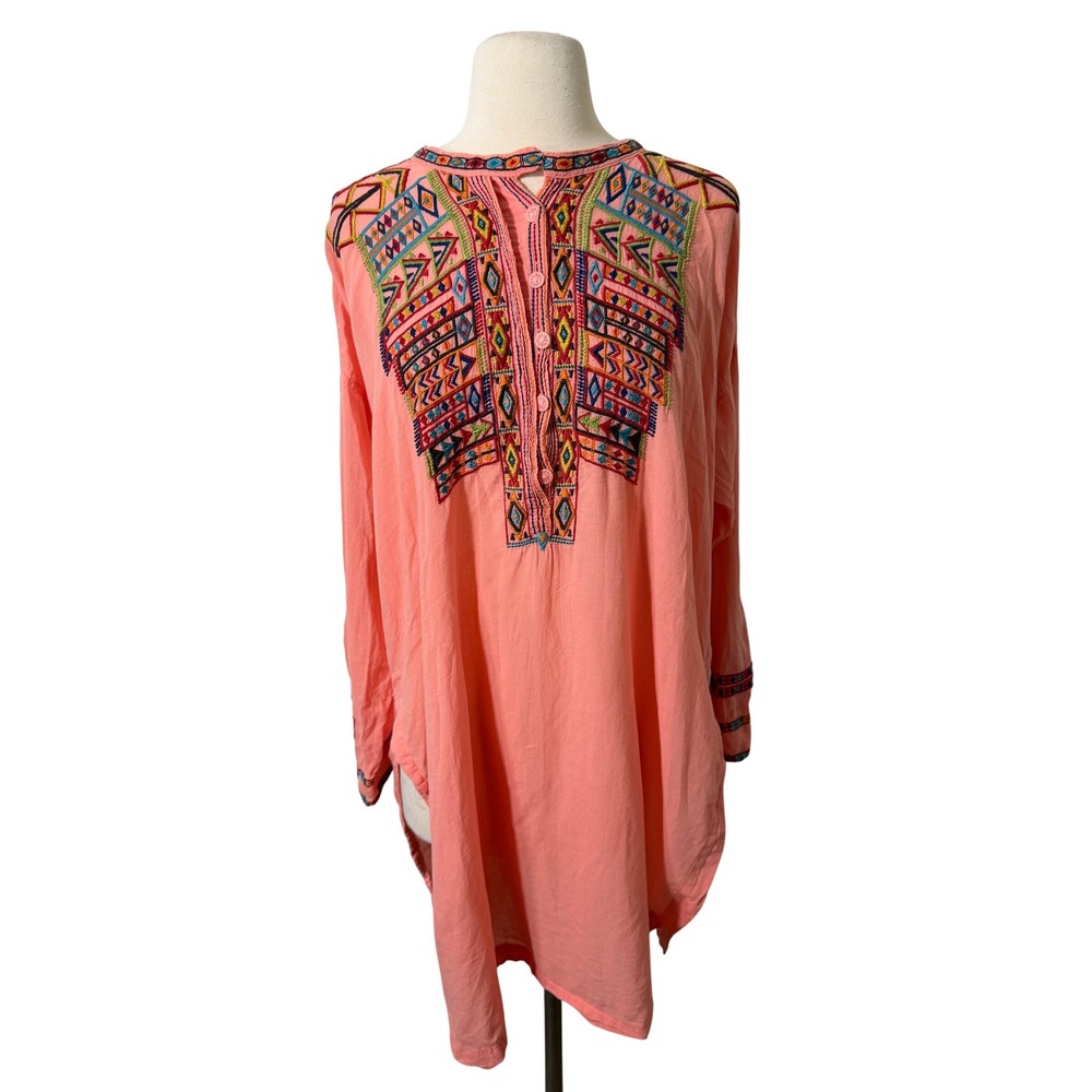 Biya Johnny Was Coral Pink Embroidered Cotton Gauze Tunic Top Womens Medium